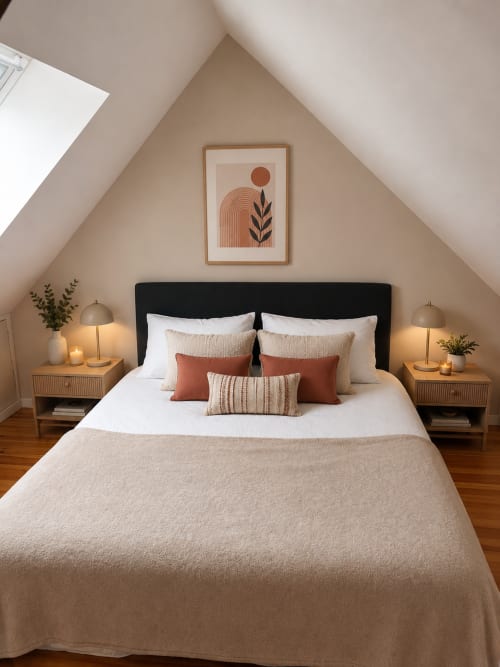 Chambre douillette sous les combles à La Parenthèse Mancelle avec tête de lit noire, literie beige et éclairage chaleureux