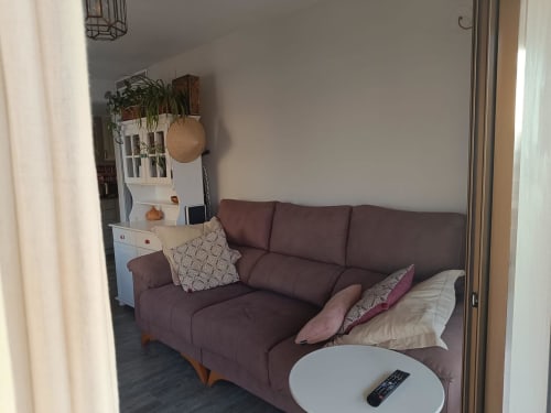 Cozy living room at Riviera Sunny Flat in Benicàssim with burgundy sofa, white storage unit, potted plants, and modern