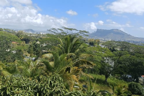 Lush green landscape with mountain view from Joubarbe Résidence in Moka, Mauritius