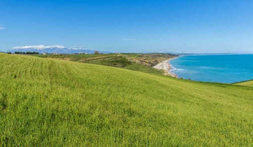 Rigogliosi campi verdi affacciati sul turchese Mare Adriatico vicino a Vasto, Italia con montagne innevate in lontananza