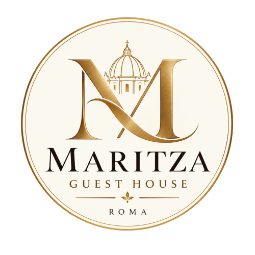 Logo Maritza Guest House Roma con elegante edificio a cupola in oro su cerchio color crema