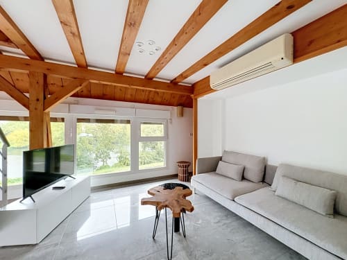 Appartement moderne au bord de l'Ill avec poutres en bois apparentes, canapé gris, TV écran plat et grandes fenêtres