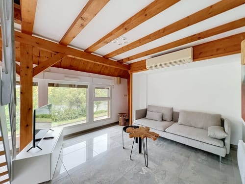 Salon moderne d'appartement avec poutres en bois, canapé gris et vue sur la rivière à A L'ill Apart, La Wantzenau