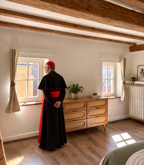 Clergy member in formal robes in Papal Suite bedroom, Metz city center apartment with wooden beams and windows.