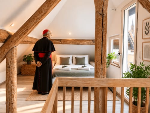 Membre du clergé visitant la chambre La suite papale à Metz avec poutres apparentes, lit moderne et vue sur la ville