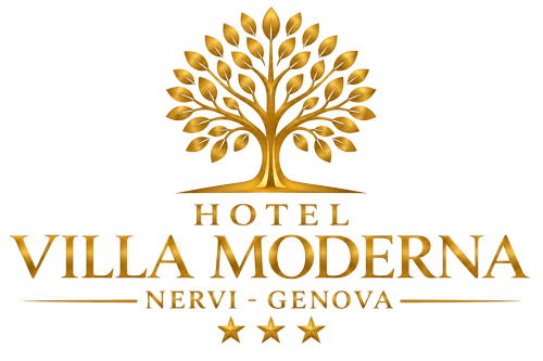 Logo Hotel Villa Moderna con albero dorato e tre stelle, Nervi-Genova