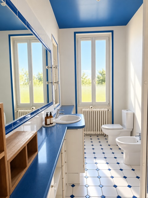 Salle de bain moderne bleu et blanc à la Villa Cognehors, ARLOÉ, La Rochelle, vue sur le jardin et carrelage hexagonal classique
