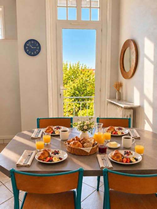 Salle de petit-déjeuner lumineuse à la villa ARLOÉ avec vue jardin, table dressée avec croissants, fruits et jus d'orange