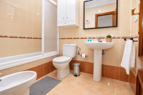 Moderno baño de la Suite Castelar en Living Sur, Sanlúcar de Barrameda, con lavamanos pedestal, inodoro, ducha y terracota