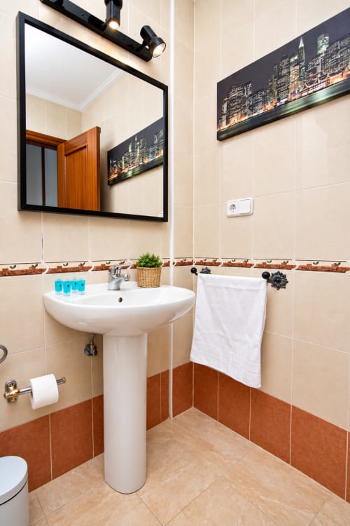 Baño moderno en Suite Castelar del hotel Living Sur, Sanlúcar de Barrameda, con lavamanos pedestal, espejo enmarcado y azulejos