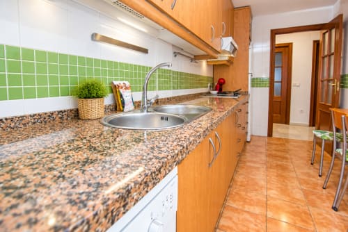 Cocina moderna con azulejos verdes, encimeras de granito, muebles de madera y fregadero de acero inoxidable en Castelar Suite