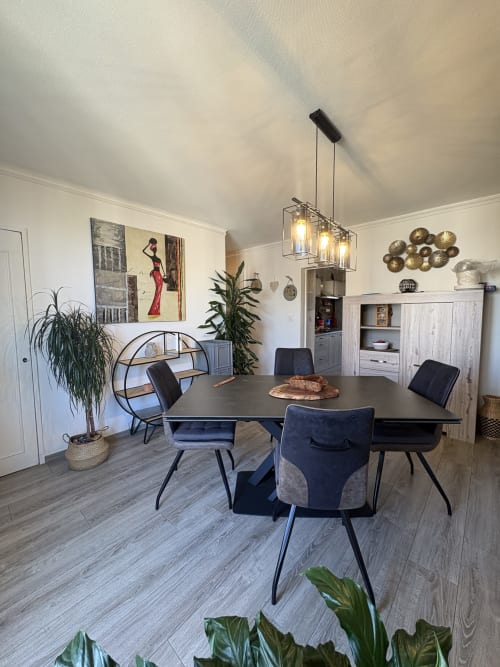 Salle à manger contemporaine du Cocon Arlésien à Arles : table noire, chaises bleues, luminaires suspendus et plantes en pot