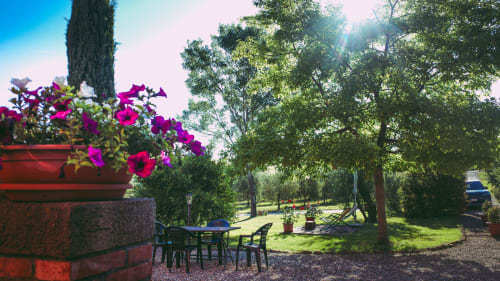 Giardino dell'Agriturismo Marinello a Pienza con fiori rosa vivaci, alberi ombrosi e area lounge esterna