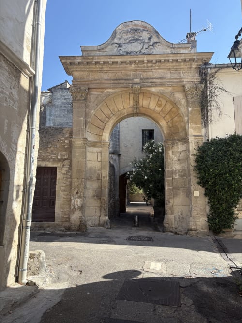 Entrée en arc de pierre de l'hôtel Conciergerie Maurin dans l'Arles historique, avec murs couverts de lierre et boiseries traditionnelles