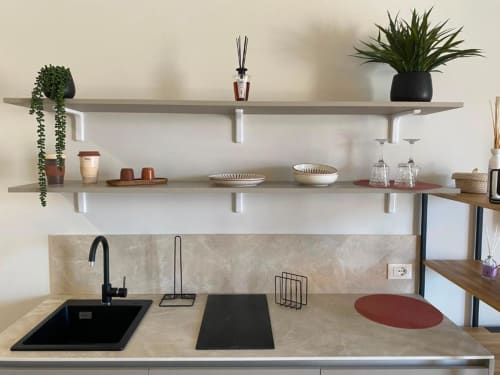 Bancone cucina moderno con lavello nero e fornello, scaffali a sospensione con piante e arredamento nell'appartamento di Palermo