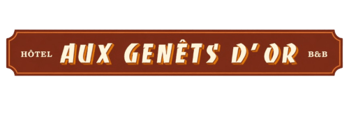 Enseigne de l'hôtel Aux Genêts d'Or B&B à Trévé, France - logo d'accueil vintage marron et or