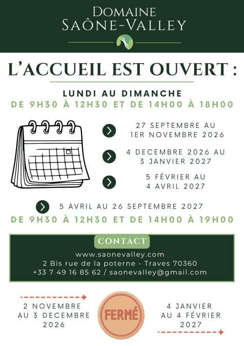 Domaine Saône-Valley Traves : horaires d'accueil lun-dim 9h30-12h30, 14h-18h
