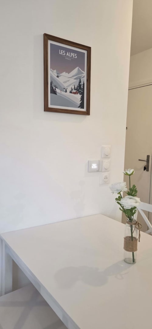 Lavabo moderne de l'appartement NN Patrimoine avec affiche encadrée des Alpes et fleurs blanches à Douvaine