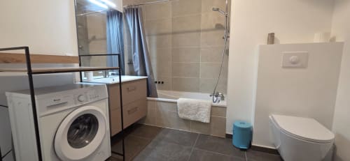 Salle de bains moderne de l'appartement NN Patrimoine avec lave-linge, douche, toilettes et porte-serviettes à Douvaine