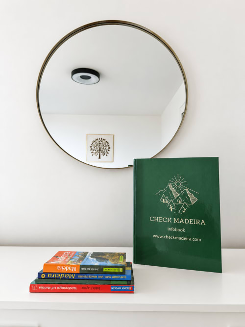 Check Madeira green infobook displayed with travel guides on white shelf below round mirror