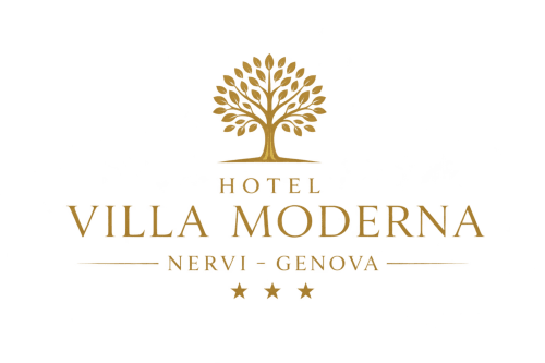 Logo Hotel Villa Moderna con emblema d'albero dorato, hotel a 3 stelle a Nervi, Genova
