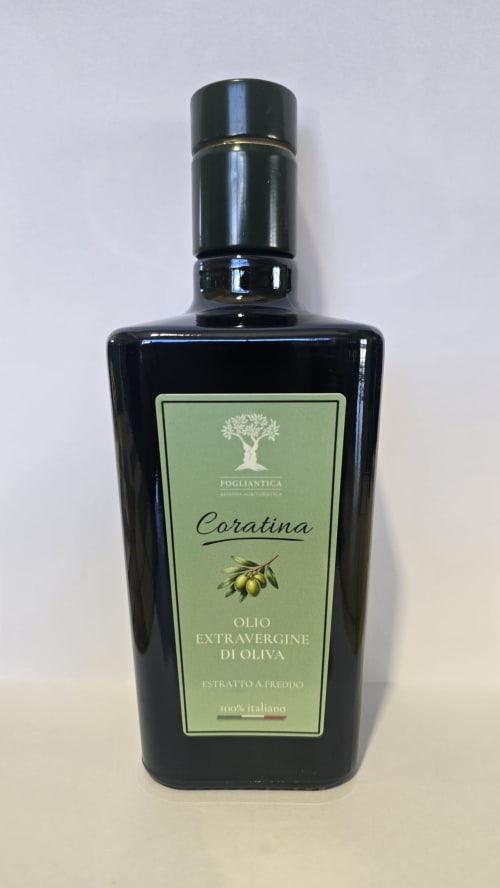 Bottiglia di olio extravergine di oliva Fogliantica Coratina da Ceglie Messapica, Italia