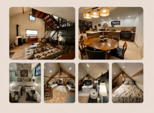 Chambres Domaine de Blanvatel : séjour avec escalier en spirale, cuisine-salle à manger, salle de bain et chambres à Saint Pierre