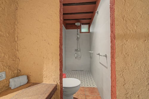 Baño rústico con paredes de terracota, ducha blanca, inodoro y suelo de azulejos con patrón en la casa rural Can Gat Vell, Saus