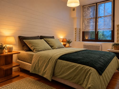 Chambre Suite Mezzanine à Au Bon Gîte à Senones avec literie grise, éclairage chaleureux, tables de nuit en bois et vue sur la ville