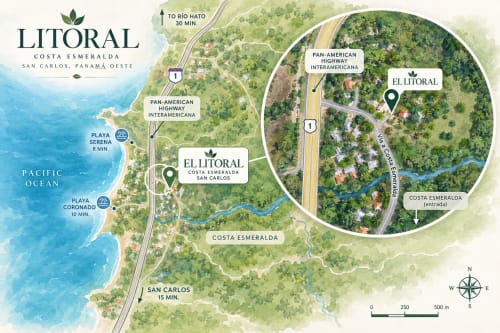 El Litoral Costa Esmeralda location map in San Carlos, Panama near Pacific Ocean beaches