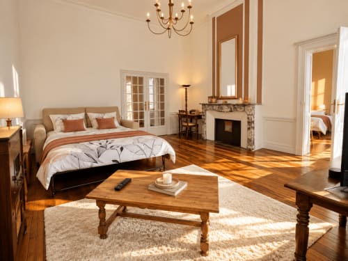 Suite de luxe à Au Bon Gîte à Senones avec cheminée, lit et mobilier en bois