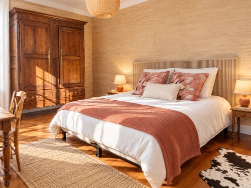 Suite de luxe à Au Bon Gîte à Senones avec armoire en bois, touches de terracotta et mobilier d'époque