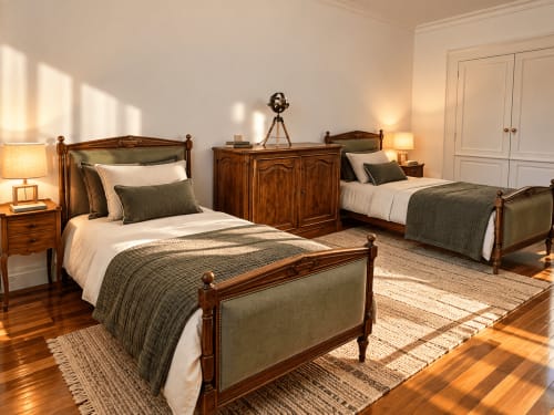 Élégante chambre double à Au Bon Gîte à Senones avec lits en bois, draps impeccables et éclairage chaleureux