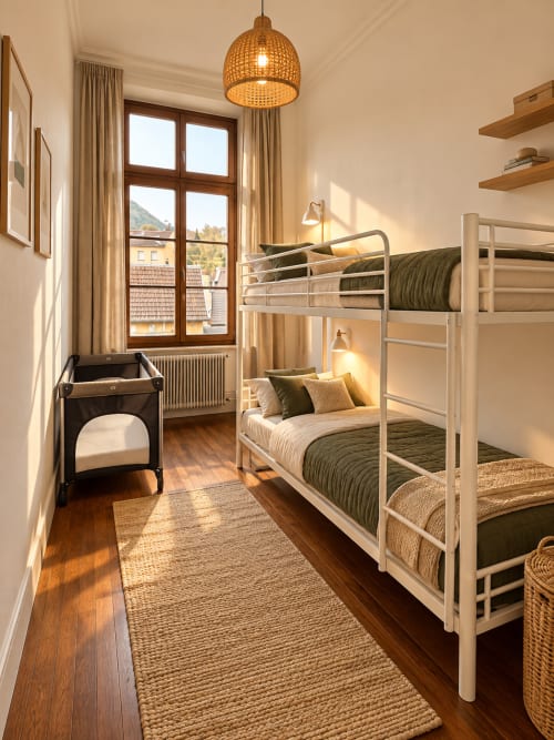 Chambre lumineuse avec lits superposés à Au Bon Gîte à Senones : vue montagne, lits métalliques blancs, parquet et équipements modernes.