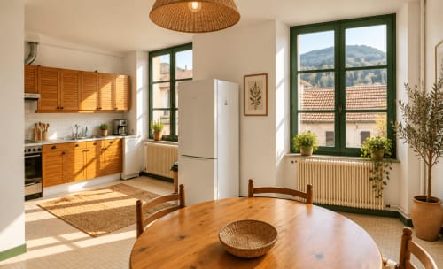 Cuisine-salle à manger lumineuse de la Suite Exécutive Prince de Salm à Au Bon Gîte, Senones, avec mobilier en bois et vue montagne