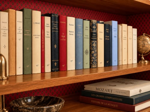 Élégante bibliothèque de classiques de la littérature française à la suite Au Bon Gîte à Senones, avec des livres reliés cuir