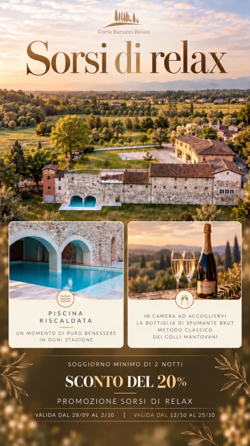 Pacchetto relax Corte Baruzzo: piscina riscaldata, champagne, vista sulla campagna toscana vicino a Mantova