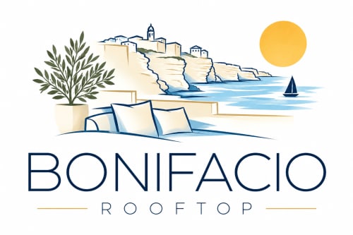 Logo Bonifacio présentant un village méditerranéen côtier, voilier, soleil et chaises longues