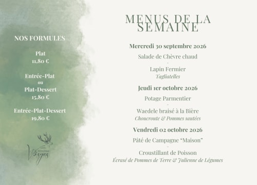 Menu hebdomadaire de l'Hôtel Des Vosges à Sommerau proposant la cuisine française avec tarifs et plats du jour.