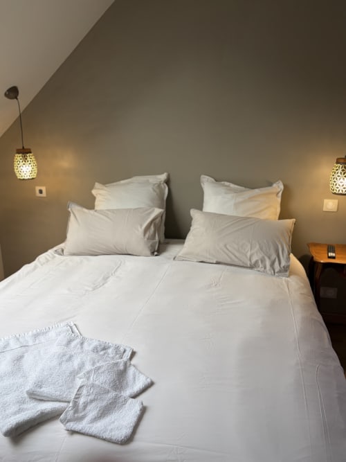 Chambre moderne à La cour des Agapanthes à Bain de Bretagne avec literie blanche, luminaires suspendus et vue sur le jardin