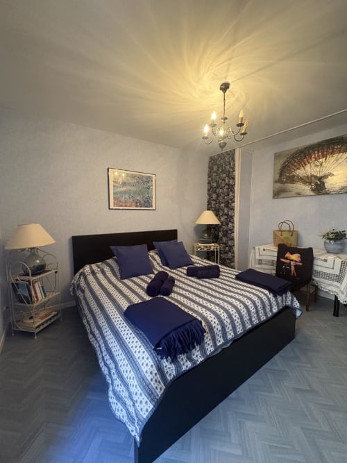 Chambre élégante de la propriété d'Arles avec literie rayée, oreillers bleu marine, lustre et œuvres d'art d'époque