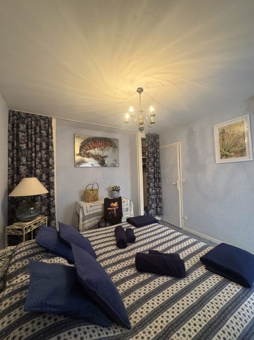 Chambre spacieuse dans une maison arlésienne avec lits jumeaux, tapis à motifs, luminaire suspendu et rideaux à motifs foncés