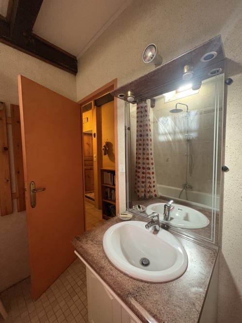 Salle de bains avec double vasque, grand miroir, cabine de douche et porte orange dans la propriété d'Arles
