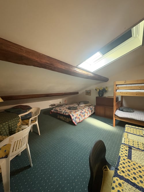 Chambre mansardée à la Conciergerie Maurin à Arles avec poutres apparentes, lucarne, plusieurs lits et moquette verte