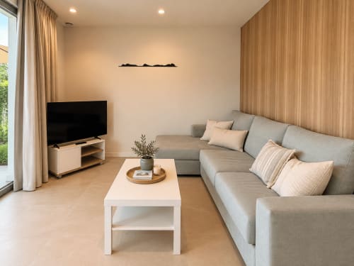 Sala moderna del apartamento Holibai en Baiona con sofá seccional gris, mesita de café blanca, TV de pantalla plana y madera