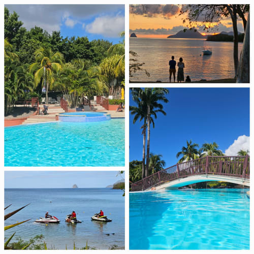 Ti Oasis Sainte-Luce : piscine, coucher de soleil sur la plage, jet-skis, jardin tropical avec palmiers