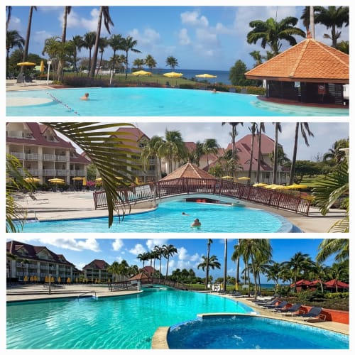 Piscine du resort Ti Oasis à Sainte-Luce, Martinique avec eau turquoise, palmiers et vue sur l'océan