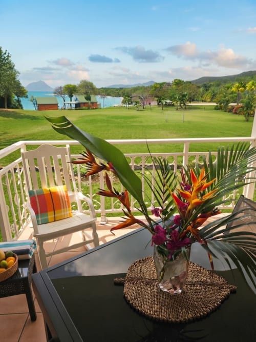 Terrasse bord de mer à Ti Oasis avec fleurs tropicales, hamac et vue sur la mer à Sainte-Luce, Martinique