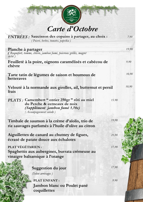 La Maison d'Horbé's October menu featuring French cuisine with starters, mains, vegetarian options and children's dishes
