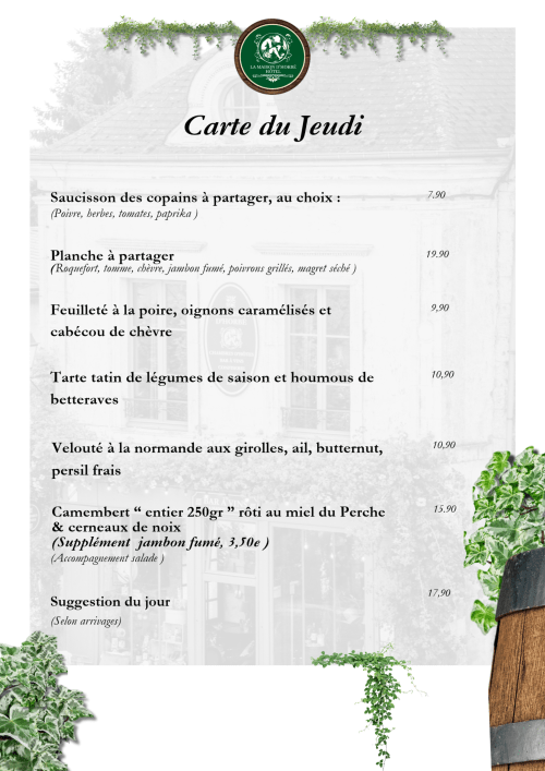 Thursday lunch menu at La Maison d'Horbé brasserie in Belforêt-en-Perche, featuring French dishes and local ingredients